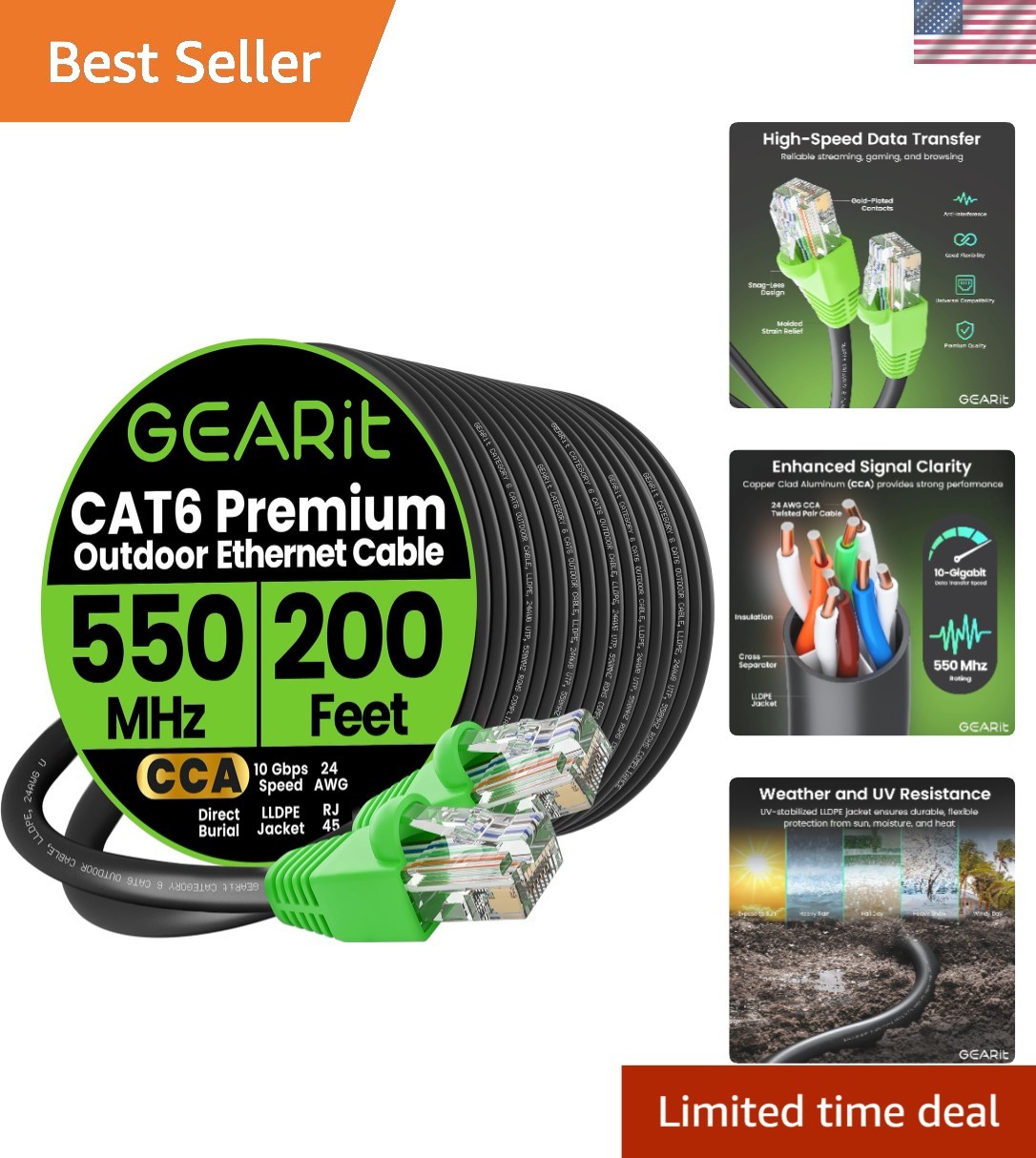 200 ft Cat-6 Outdoor Ethernet Cable – 10 Gbps, UV Resistant, Waterproof Quality