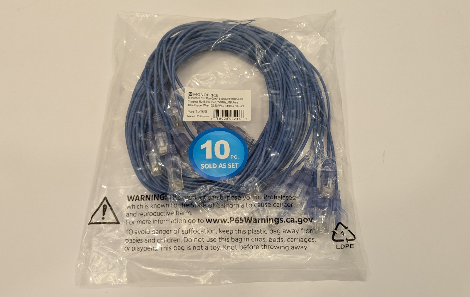 10-Pack Monoprice Cat6A Ethernet Patch Cable, UTP, Pure Copper, 10G, 30AWG, 10ft