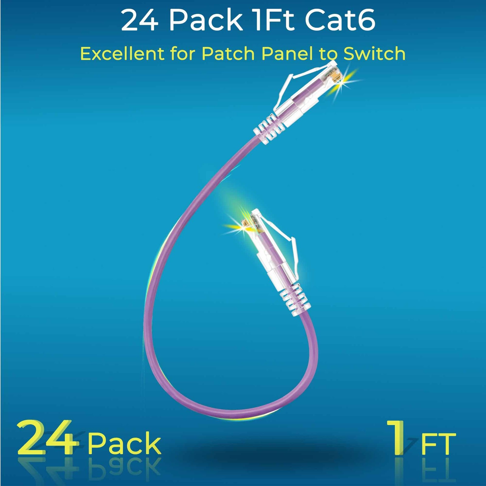 Cat6a Ethernet Patch Cables 1ft 24 Pack Slim Snagless Purple 10G Support