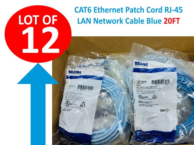 Lot of 12 🔥 ✅ CAT6 Ethernet Patch Cord 20 FT, RJ-45 LAN Network Cable Blue