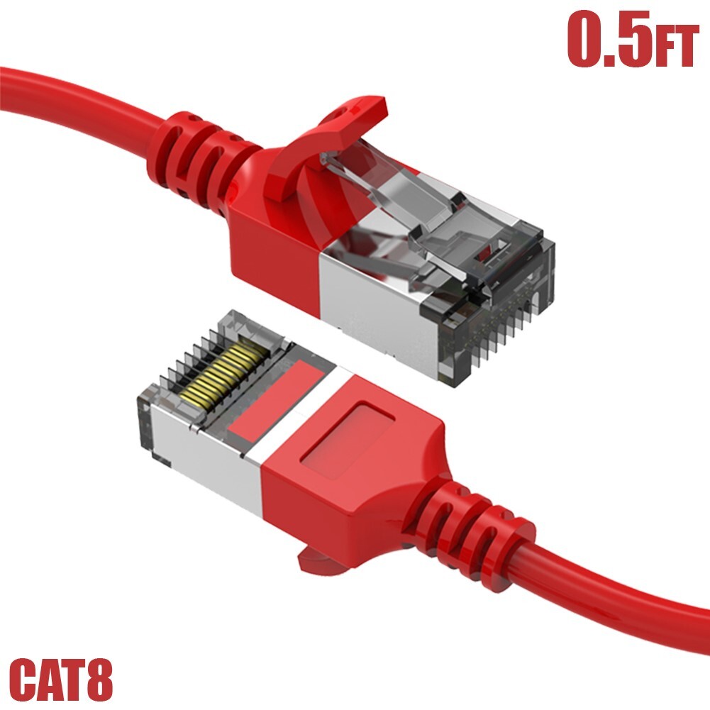 0.5FT Cat8 RJ45 Network LAN Ethernet U/FTP Shielded Patch Cable Slim 30AWG Red