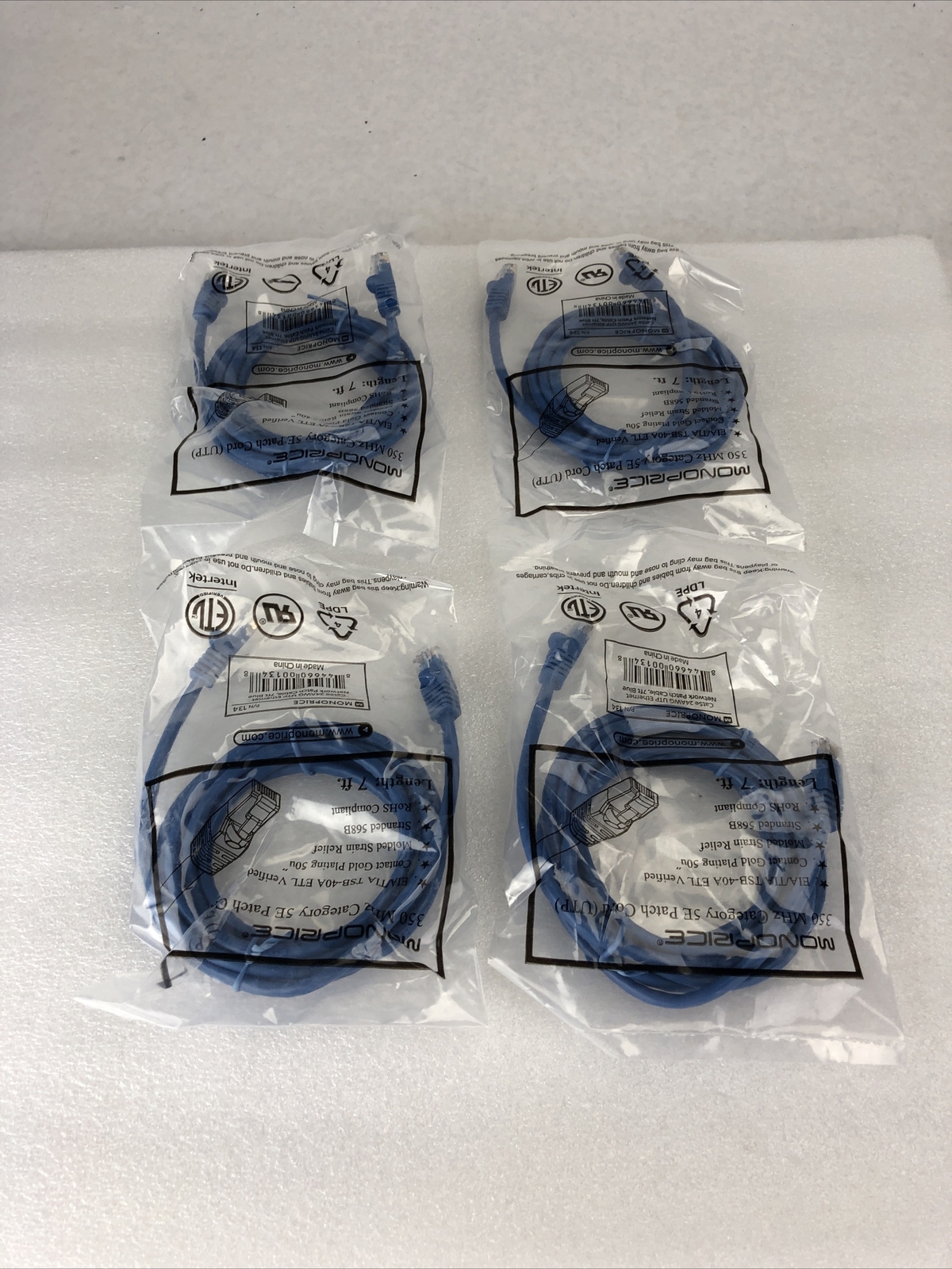 Monoprice Blue 7ft 5E Ethernet Patch Cord (UTP) – RJ45 350Mhz (Lot of 4)