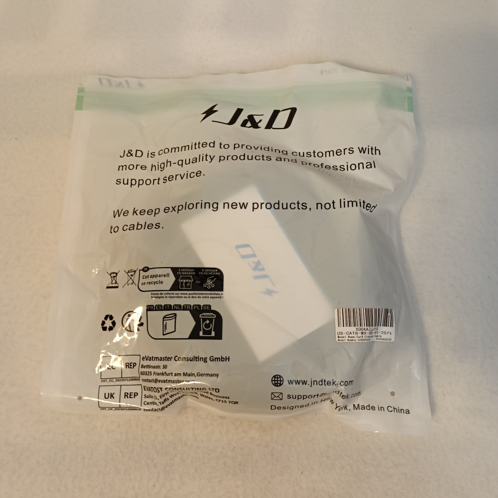 J&D Cat8 Ethernet Cable 25 ft High Speed 40Gbps 2000MHz Shielded RJ45 LAN Black