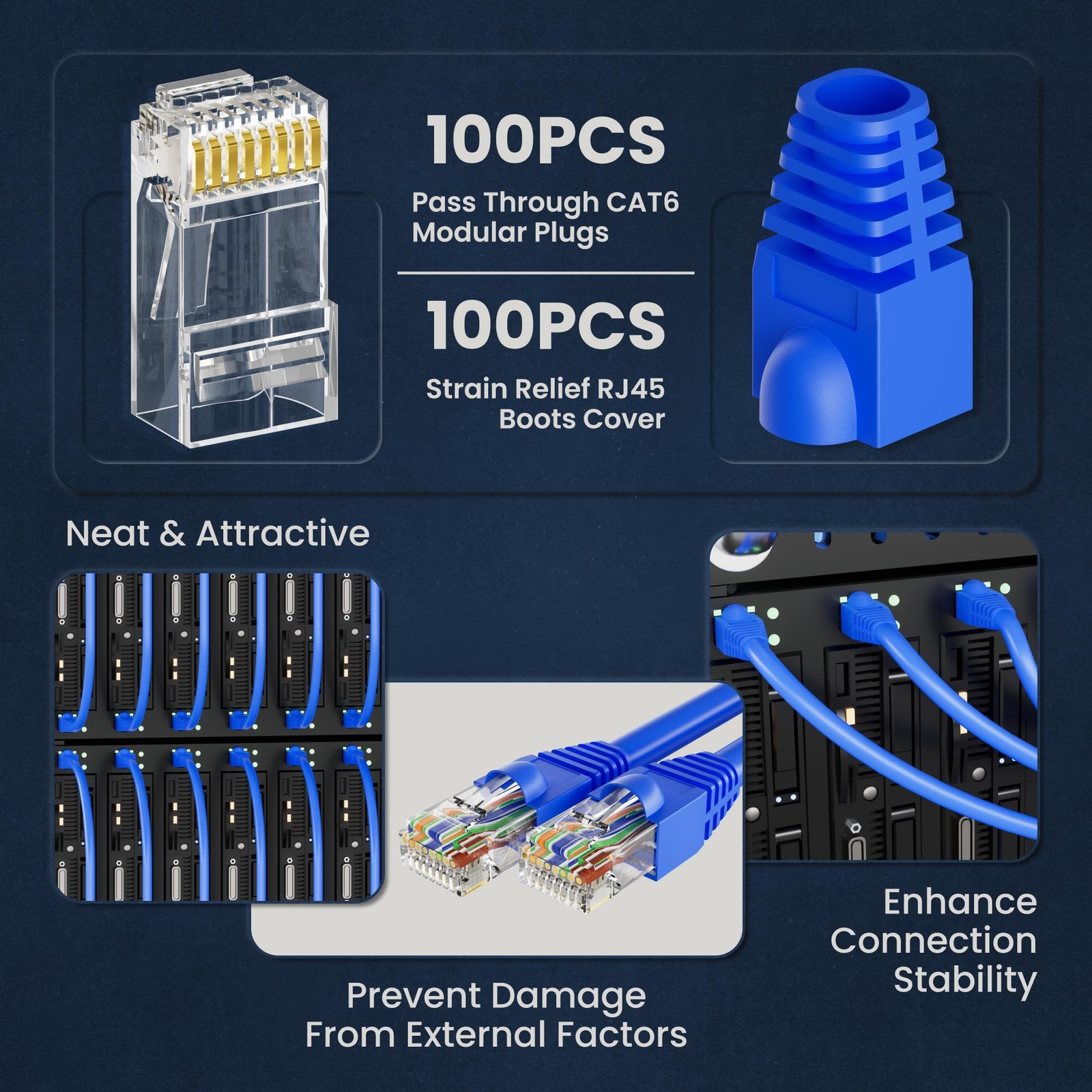 100 PCS Pass-Through RJ45 Connector Blue Boots Gold Plated Cat6 Plug Ends