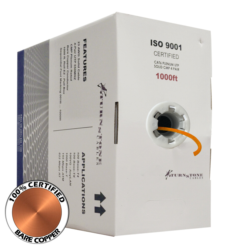 TSCables 550Mhz Cat6 Plenum 100% Solid Bare Copper UTP Ethernet Cable Orange