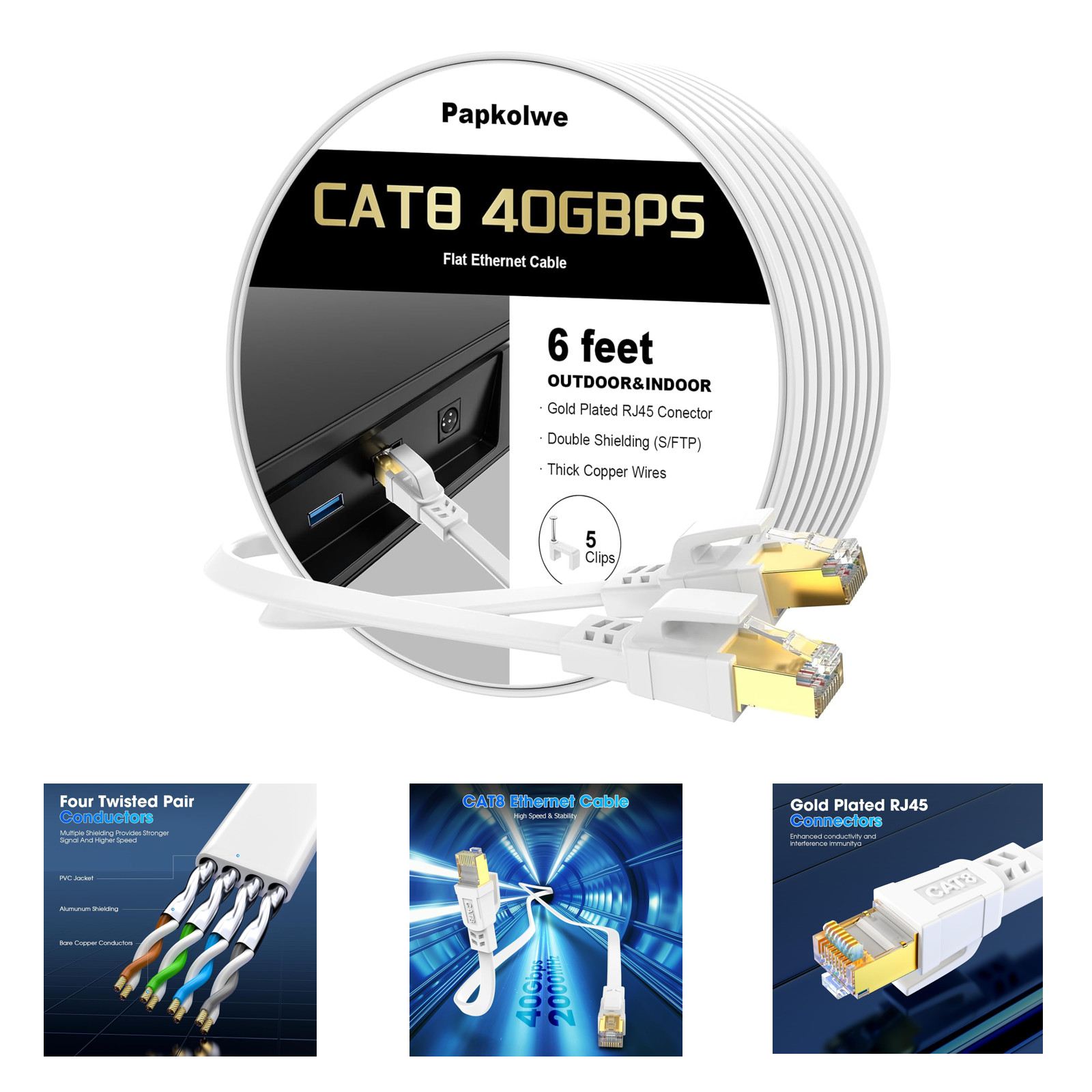 Cat 8 Ethernet Cable 6 ft Shielded Flat Network LAN Cable Gold Connectors