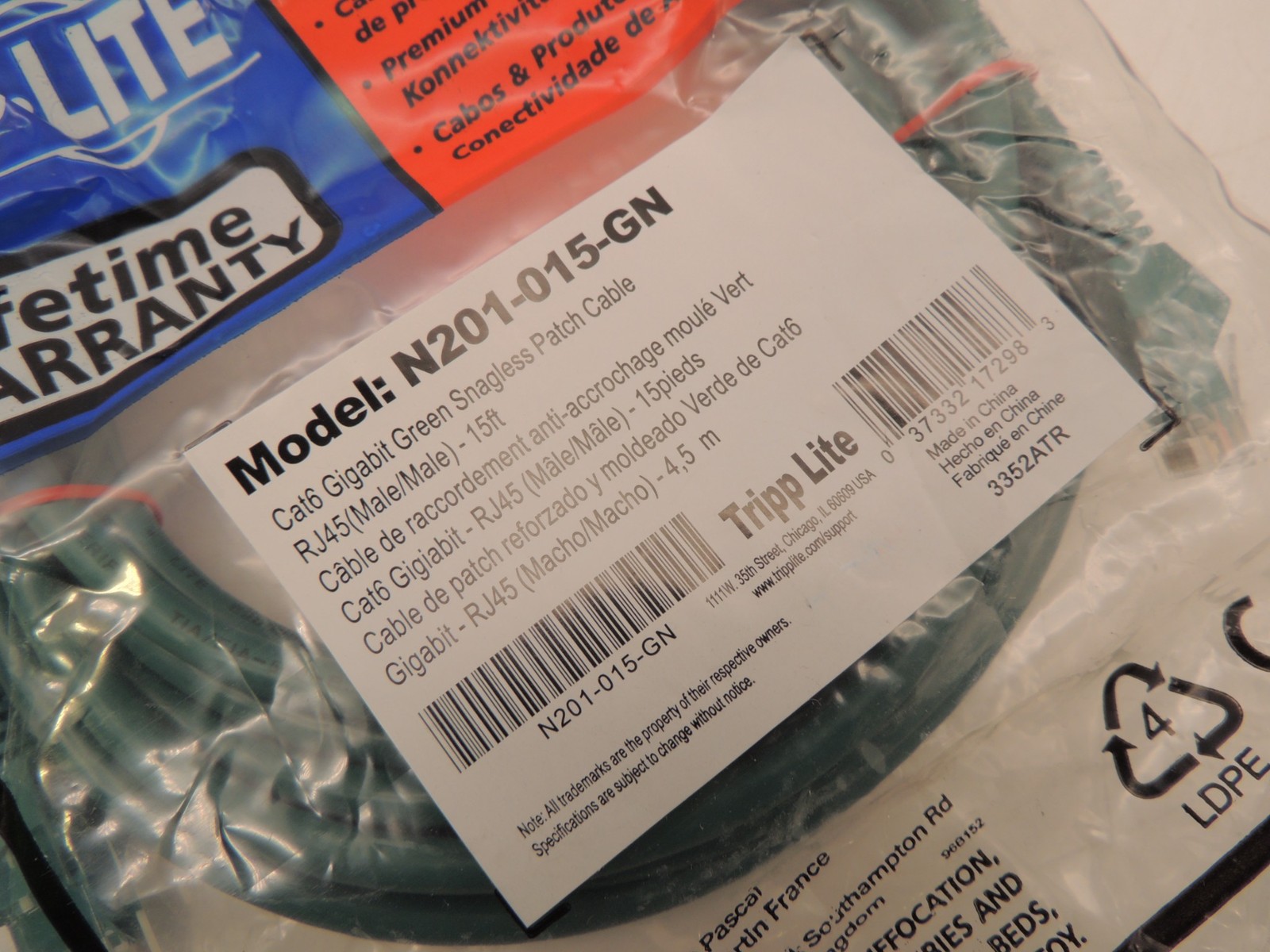 lot of 7 New Tripp-Lite 15ft CAT6 N201-015-GN Gigabit RJ45 Snagless Patch Cable