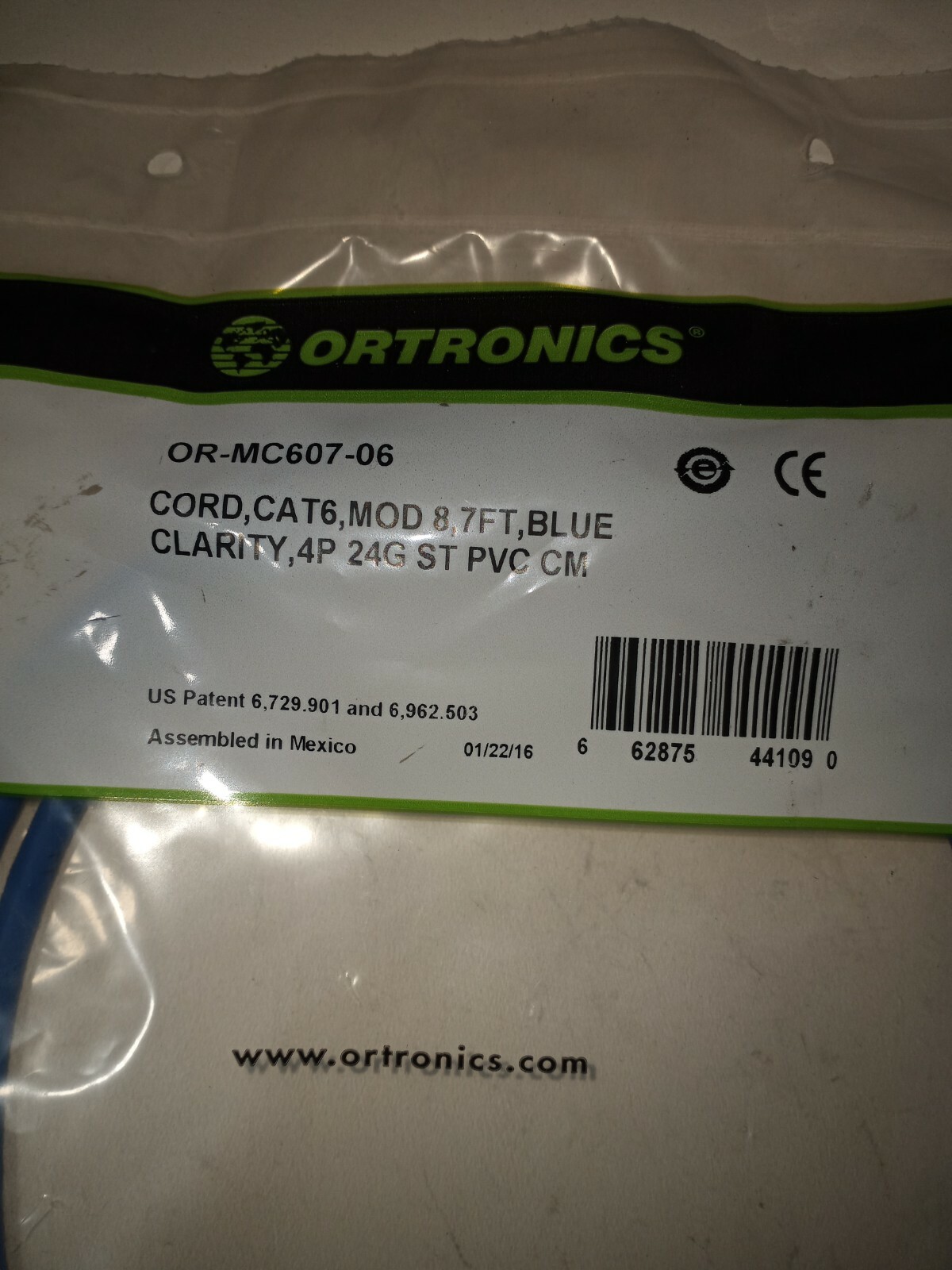 NEW 2PCS ORTRONICS OR-MC607-06 CORD CAT6 MOD 8 7FT BLUE CLARITY 4P 24G ST PVC CM