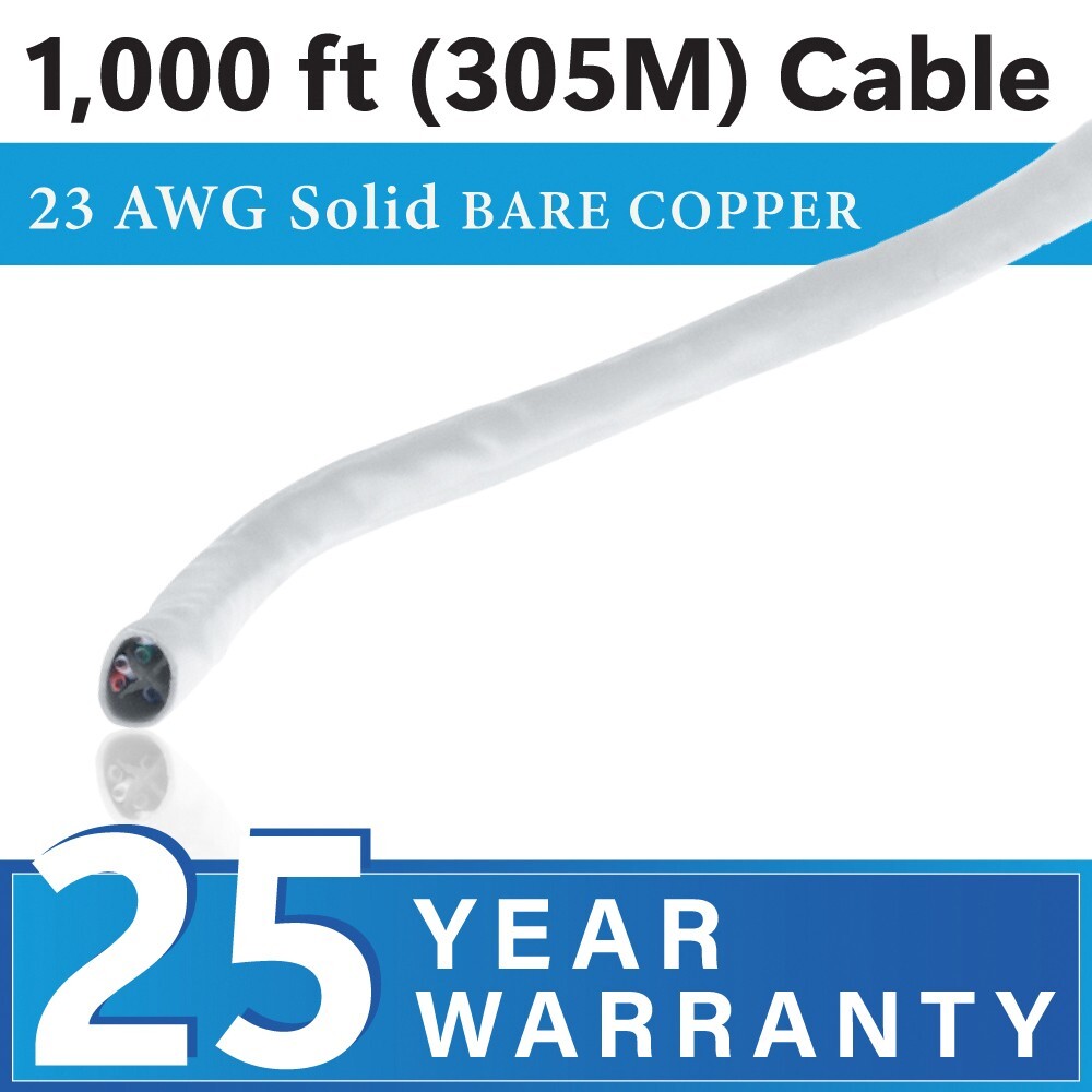 Skyline Cat 6, Solid Bare Copper, CMR Rated, 1000ft Bulk Network Cable, (White)