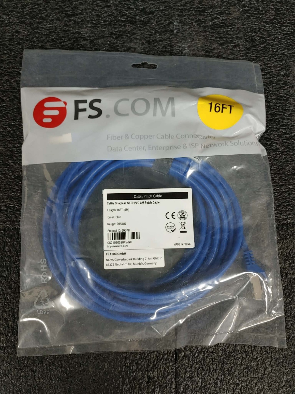 LOT of 5 FS Cat6a Snagless SFTP PVC CM Patch Cable 16ft (5m) 26 AWG Blue