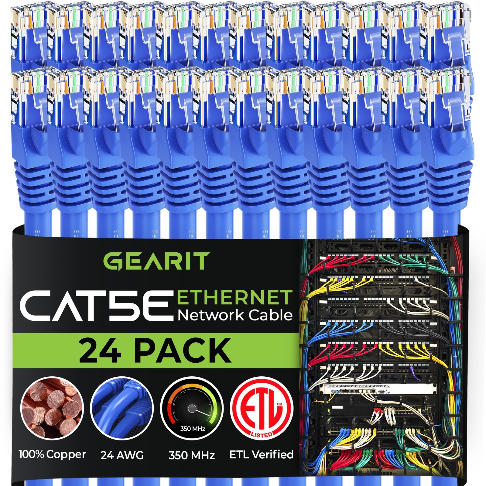 24-Pack Cat5e Ethernet Patch Cable 0.5 Feet Blue Snagless RJ45, LAN Cord