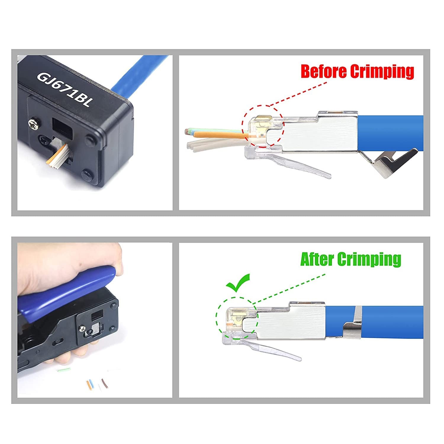 CAT6A/CAT7 Shielded RJ45 Pass Through Connectors 30-Pack with Blue Boots