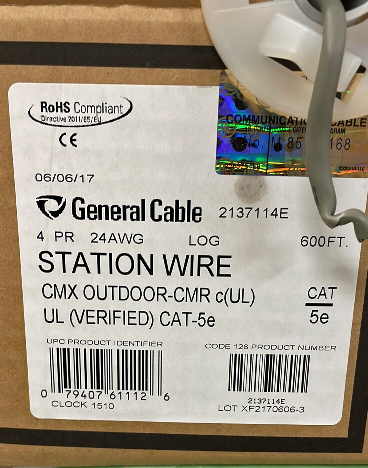 UTP Cat5e Cable CMR-CMX OUTDOOR 100% Copper Gray 600ft General Cable Made in USA