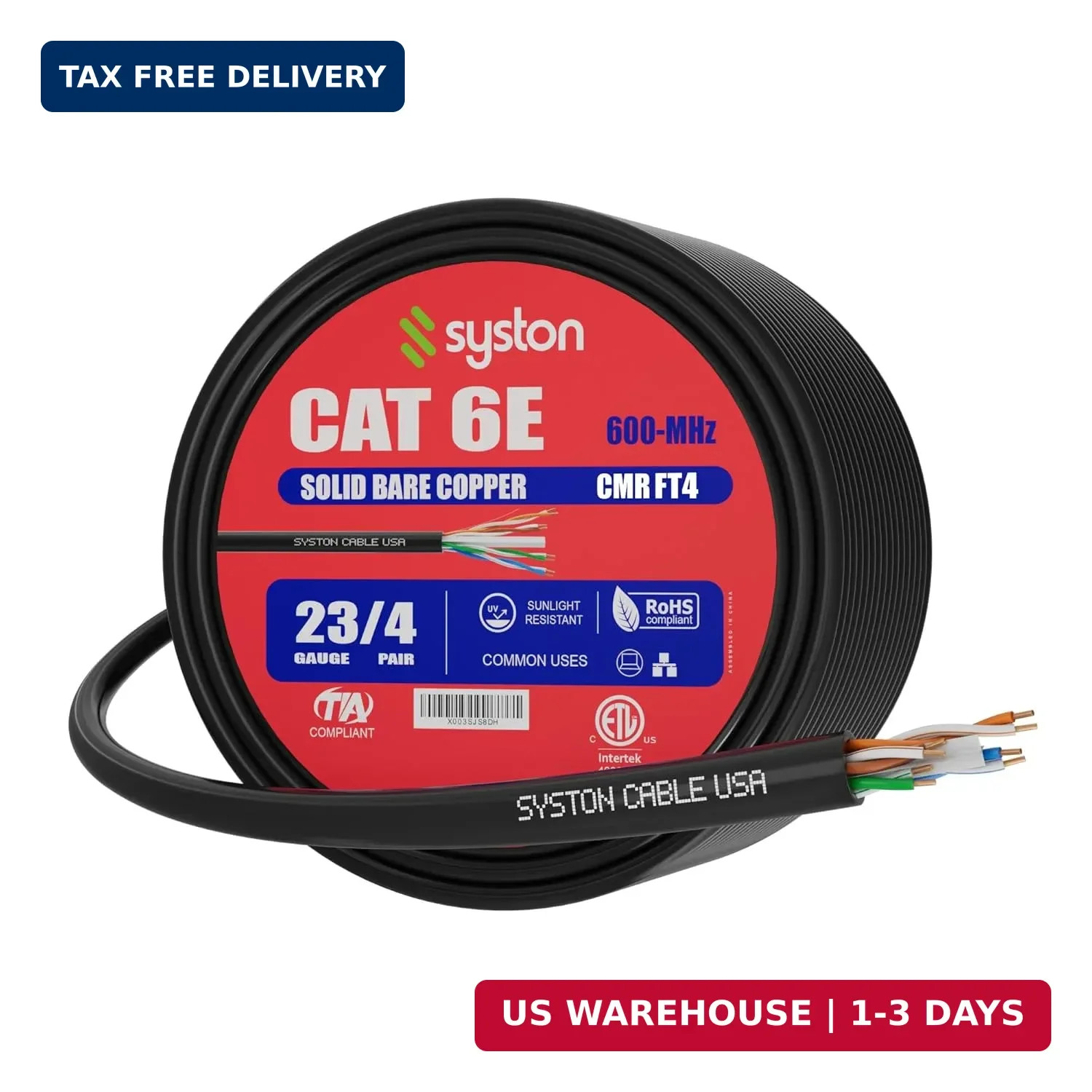 Syston Cable Technology Cat6(e) Ethernet Cable 23AWG 4 pr Solid Bare Copper Bulk