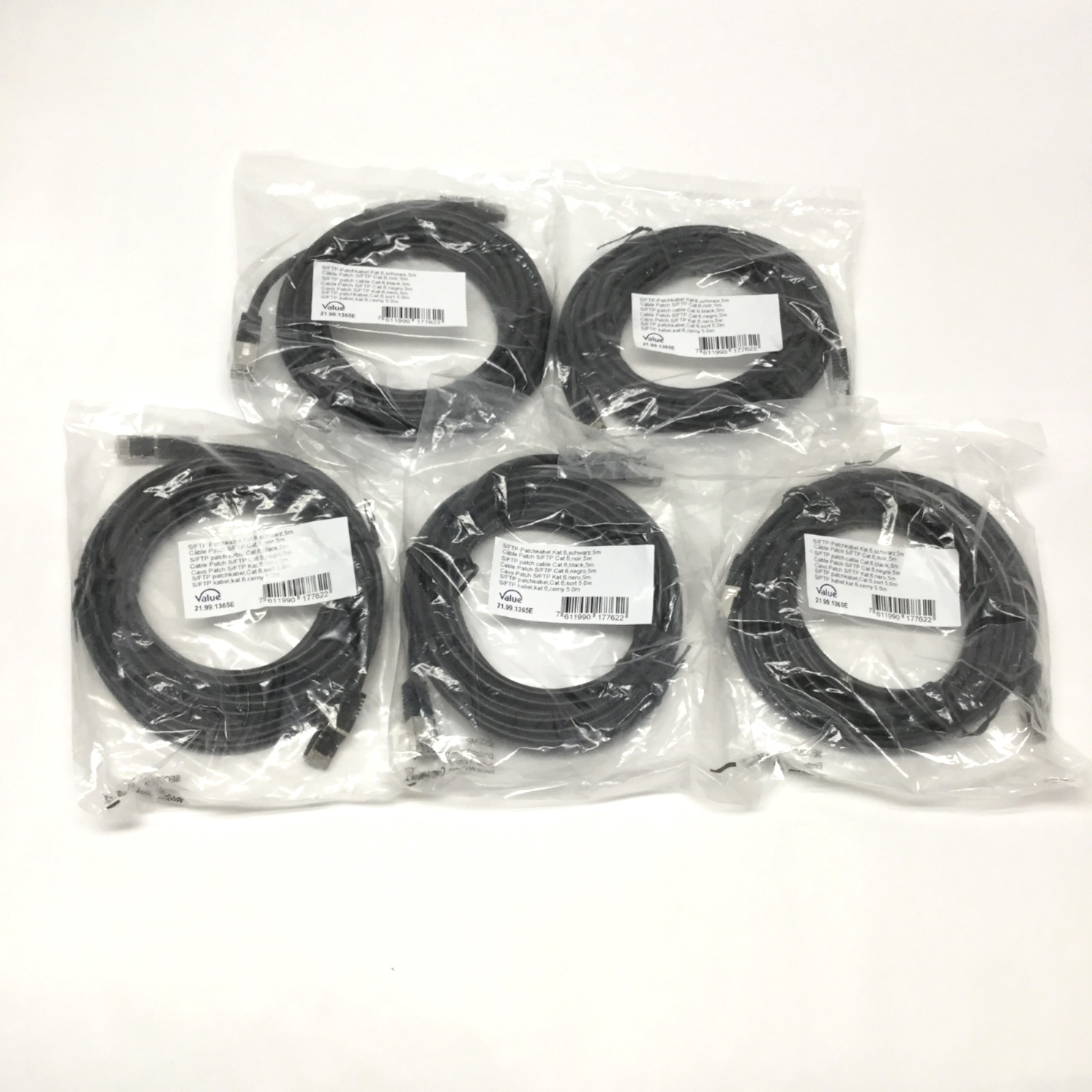 Lot of 5 Value 21.99.1365 Ethernet Patch Cables, Cat 6, S/FTP PiMF, RJ45, 5m
