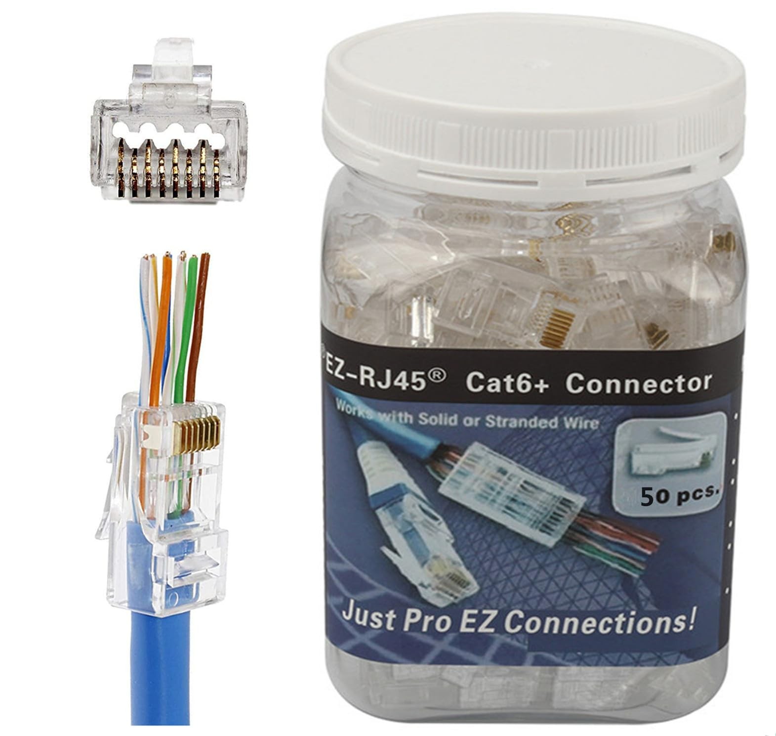 RJ45 Cat6A Cat6 Pass Through Connectors 50Pack 23AWG End Bold Ethernet 8P8C