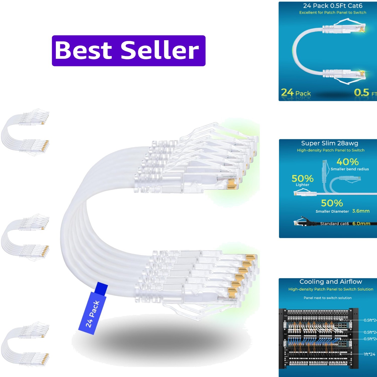 Patch Cables Cat6/ Cat6a 0.5ft 24 Pack Slim, Cat6a Ethernet Patch Cable 10G S…