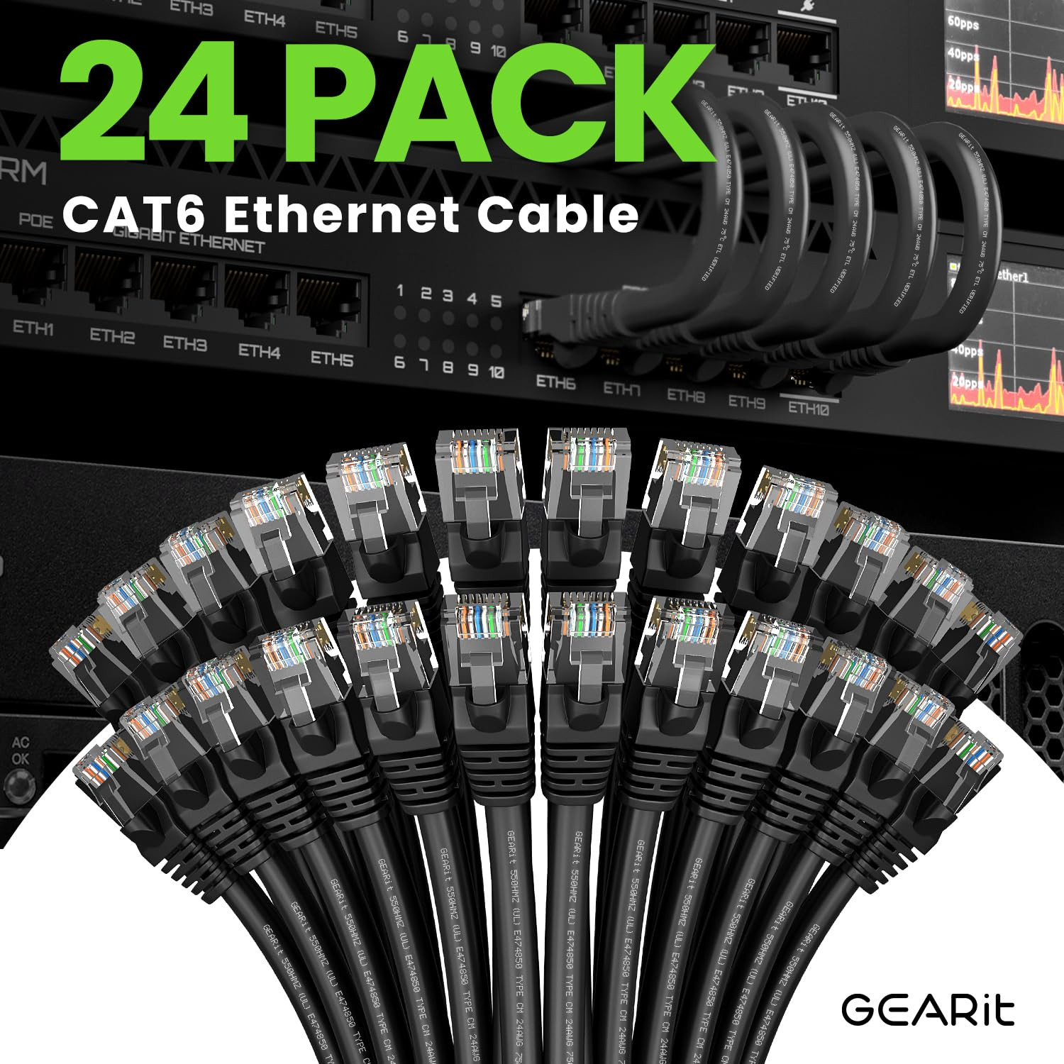 Cat 6 Ethernet Cable (24-Pack 5 Feet) Cat6 Network Patch, 10Gbps, RJ45, Snagless