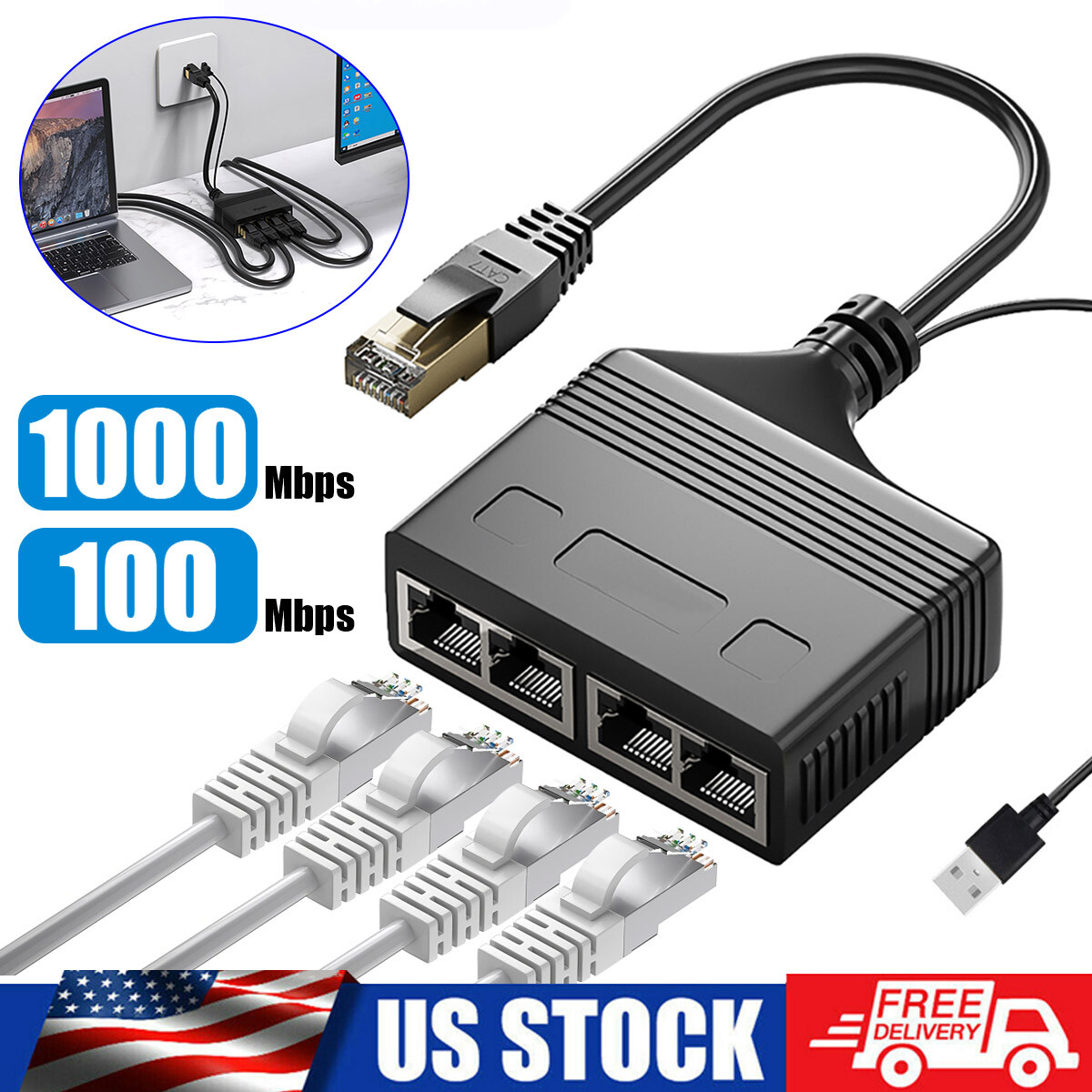 1000Mbps Ethernet Splitter Adapters RJ45 Cable LAN Network Internets 1 IN 4 Out*
