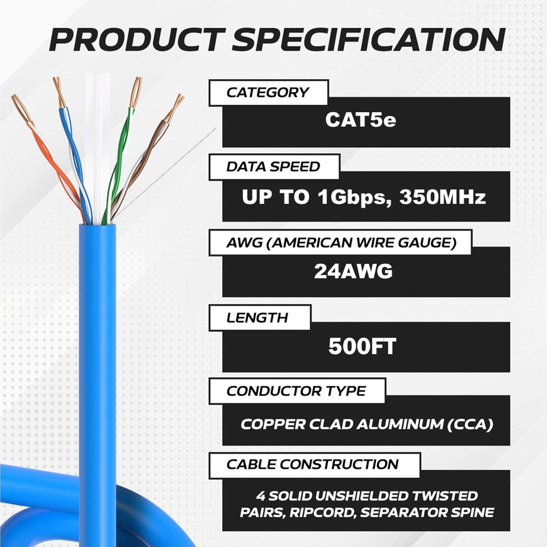 500ft CAT5e UTP Ethernet Network Cable 24AWG LAN RJ45 CCA Solid Bulk Wire White