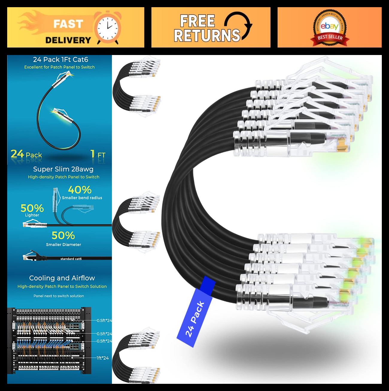 24 Pack 1ft Cat6/Cat6a Ethernet Patch Cables – Slim, Snagless, 10G Support, Flex