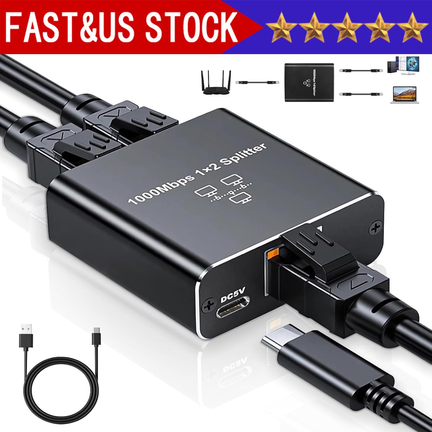 RJ45 Gigabit Ethernet Splitter 1000Mbps LAN Network Internet 1 to 2 Out Adapter