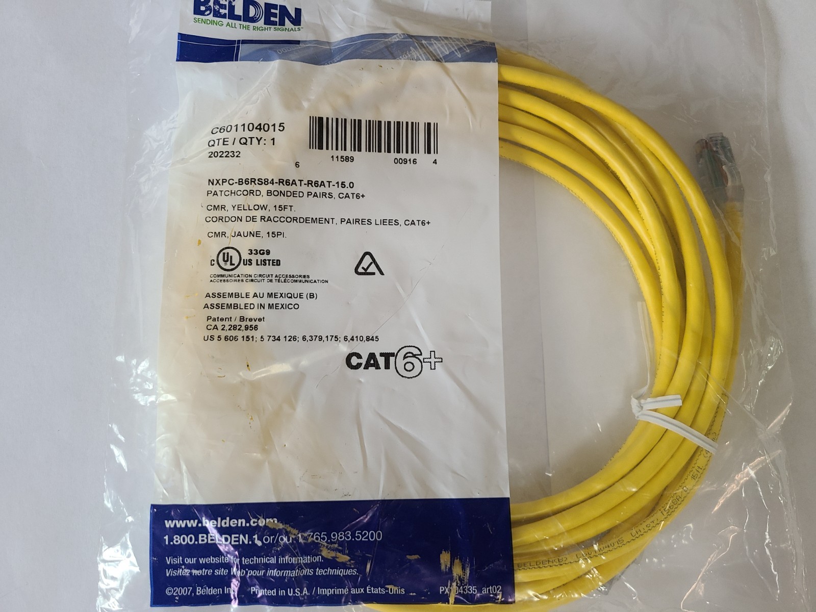 Belden Cat6 Ethernet Patch Cable – 15ft – Yellow
