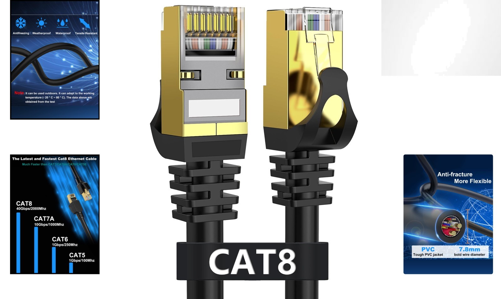 Weatherproof 150ft Cat 8 Ethernet Cable – High Speed, Heavy Duty SFTP, 2000MHz