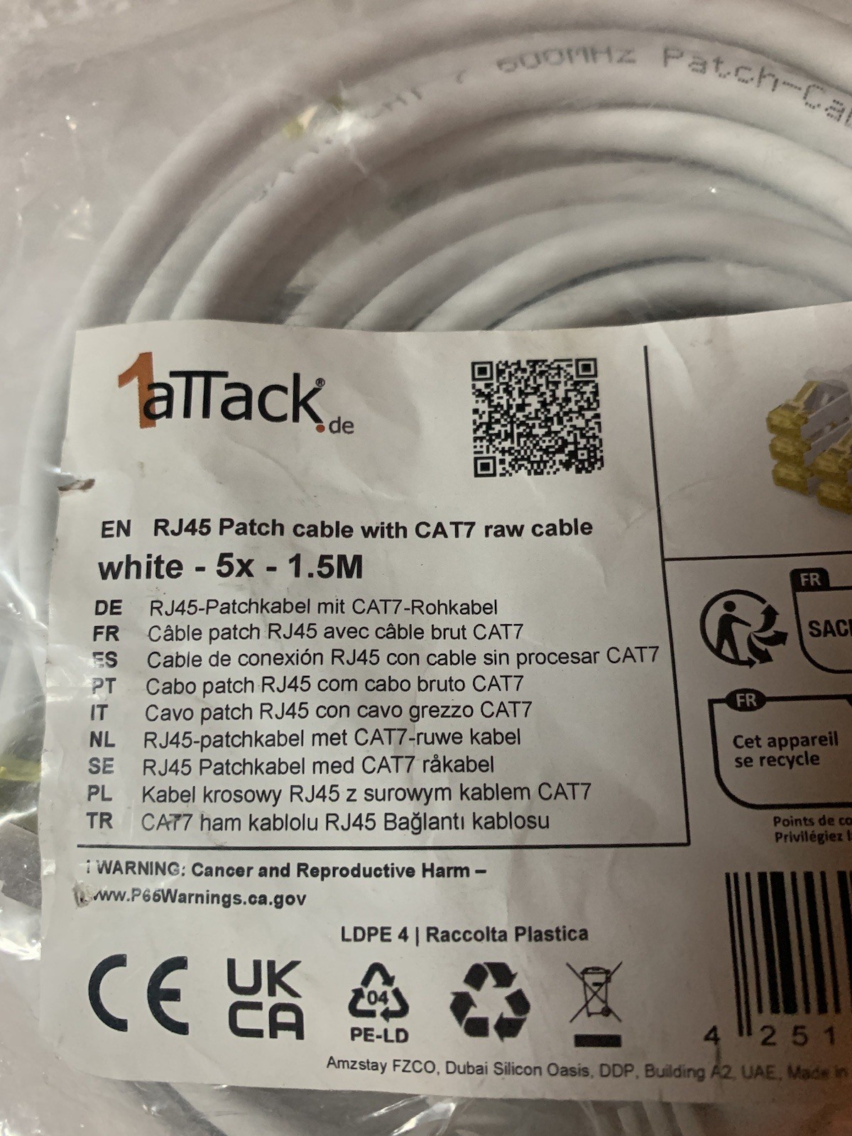 5 Pack 1attack CAT7 Raw Cable Ethernet RJ45 Patch Cables 1.5M