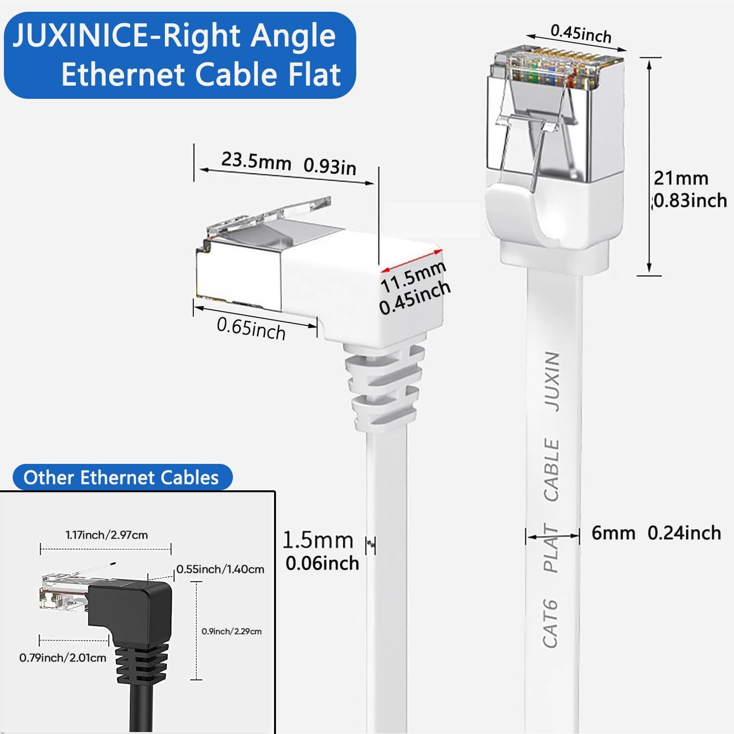 2Pack 3ft 90 Degree Cat 6 Ethernet Cable Flat Right Angle CAT7 Network White