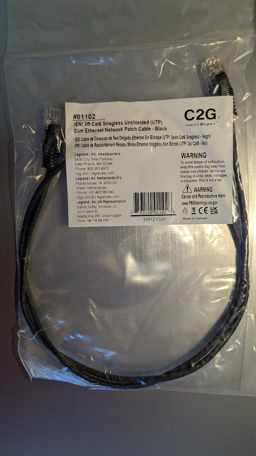 C2G 3-feet CAT6 Slim Ethernet Lot of 10 Network Patch Cables -Snagless- Black