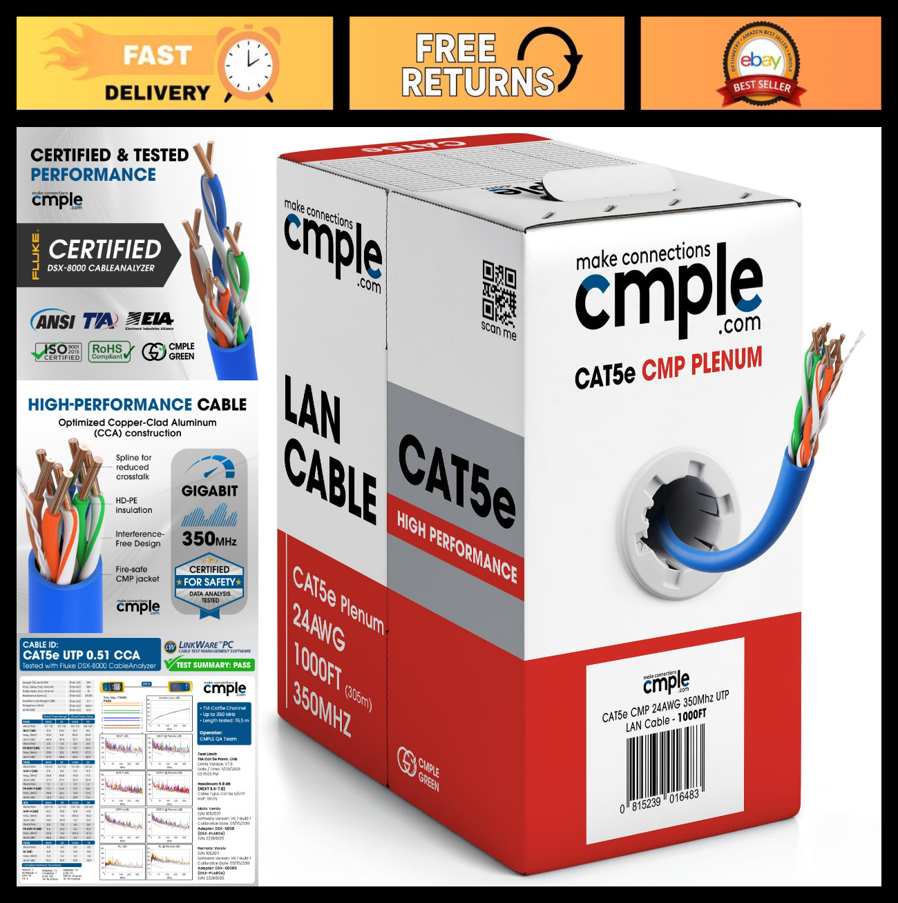1000ft Cat5e Plenum Ethernet Cable, CMP Rated, 350MHz, Solid UTP, Blue, Bulk Net