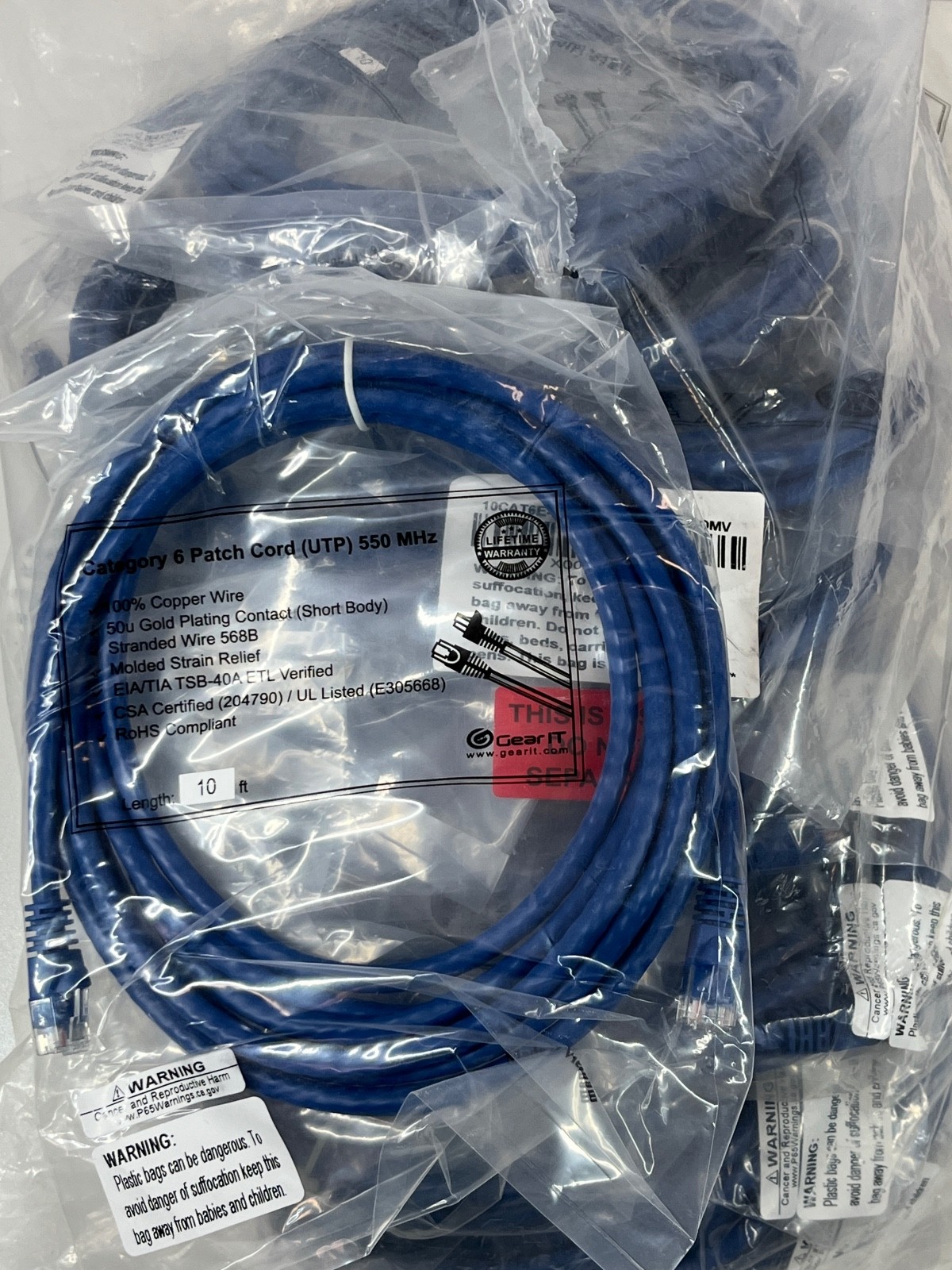 20 Pack GearIT Cat 6 Cat6 Ethernet Patch Cable 10ft Blue 550MHz Copper NEW