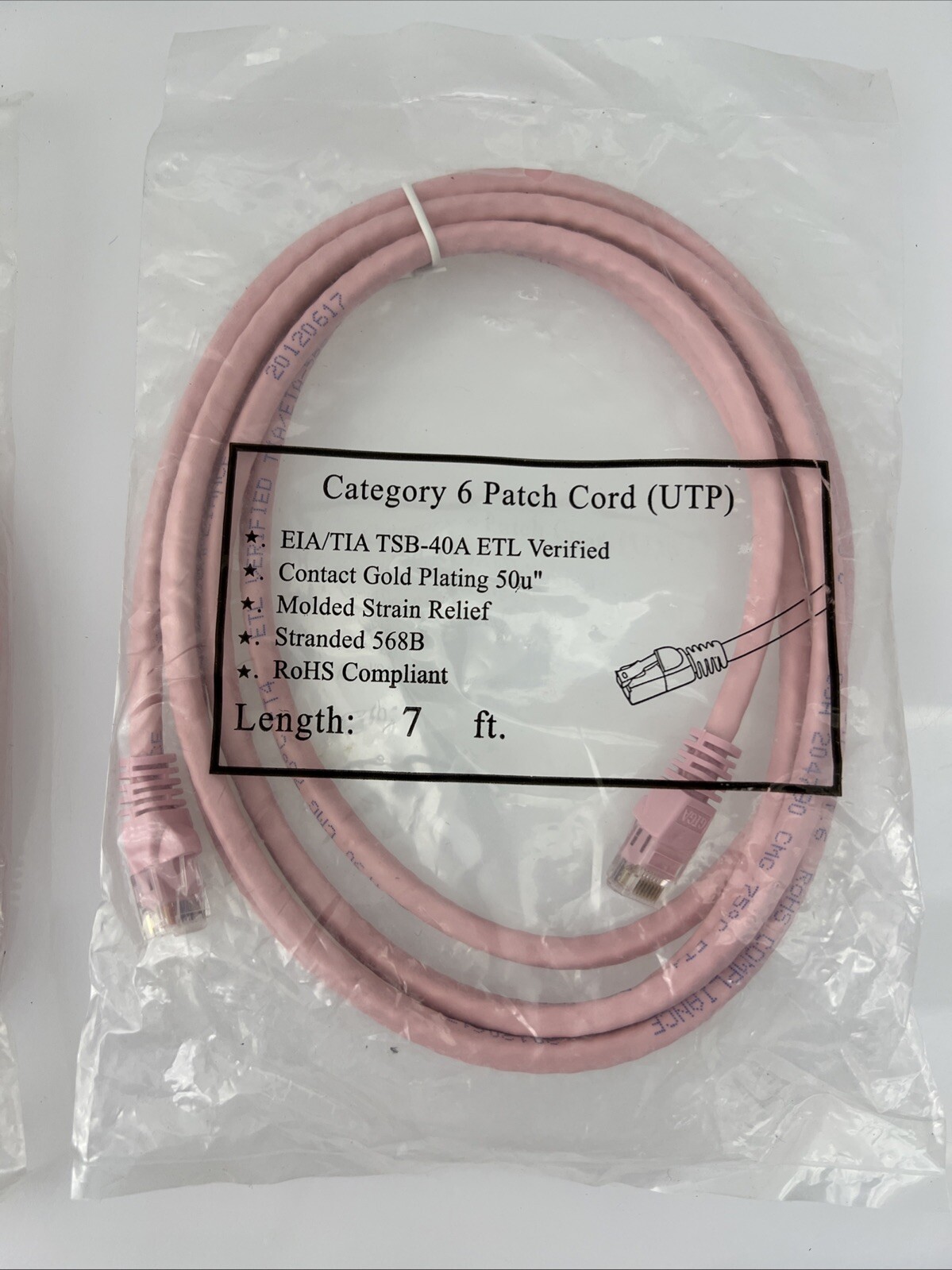 (2)~ PINK ~Category 6 CAT Patch Cord UTP EIA/TIA TSB-40A ETL Verified, 7 Ft RoHS