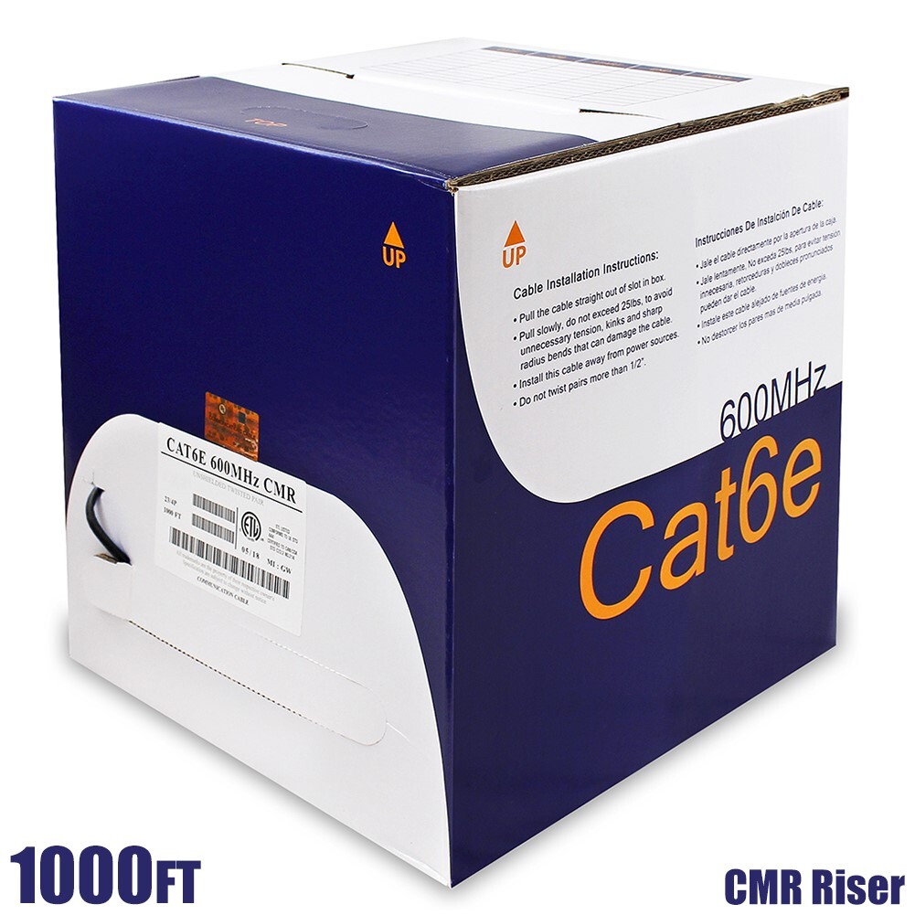 1000FT Cat6 Ethernet LAN Network UTP CMR Riser Cable 23AWG Solid Bulk Wire Black