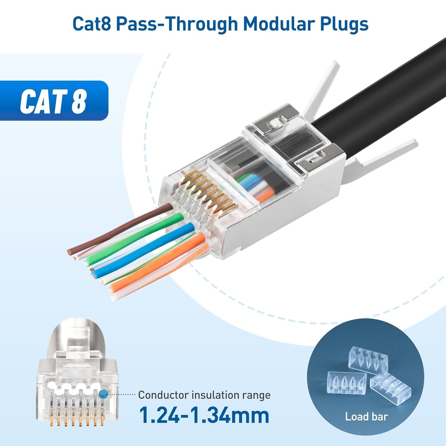 20-Pack Shielded Cat8 RJ45 Pass-Through Connectors, 23-24AWG