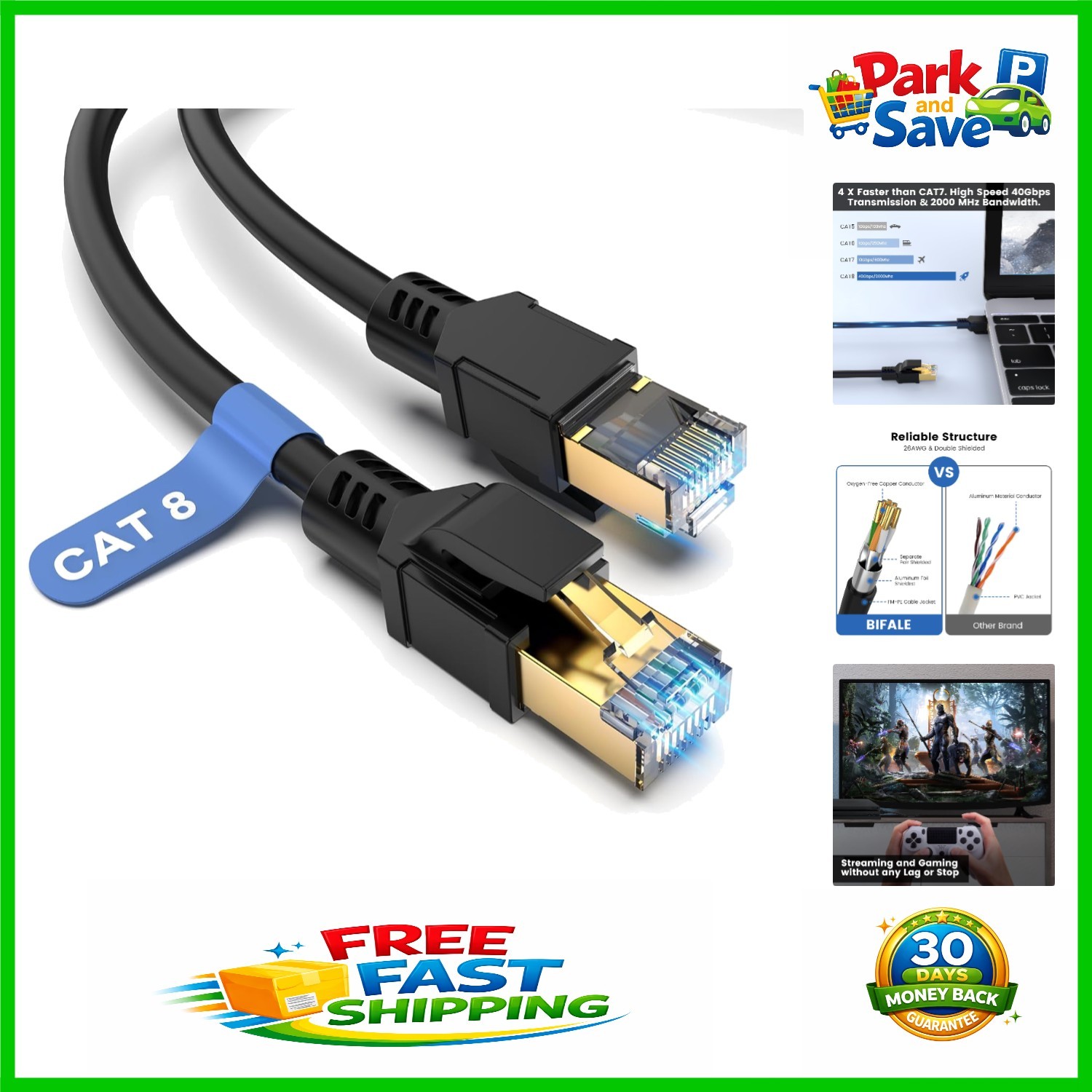 6FT Cat 8 Ethernet Cable – Indoor/Outdoor 2000MHz Network Performance