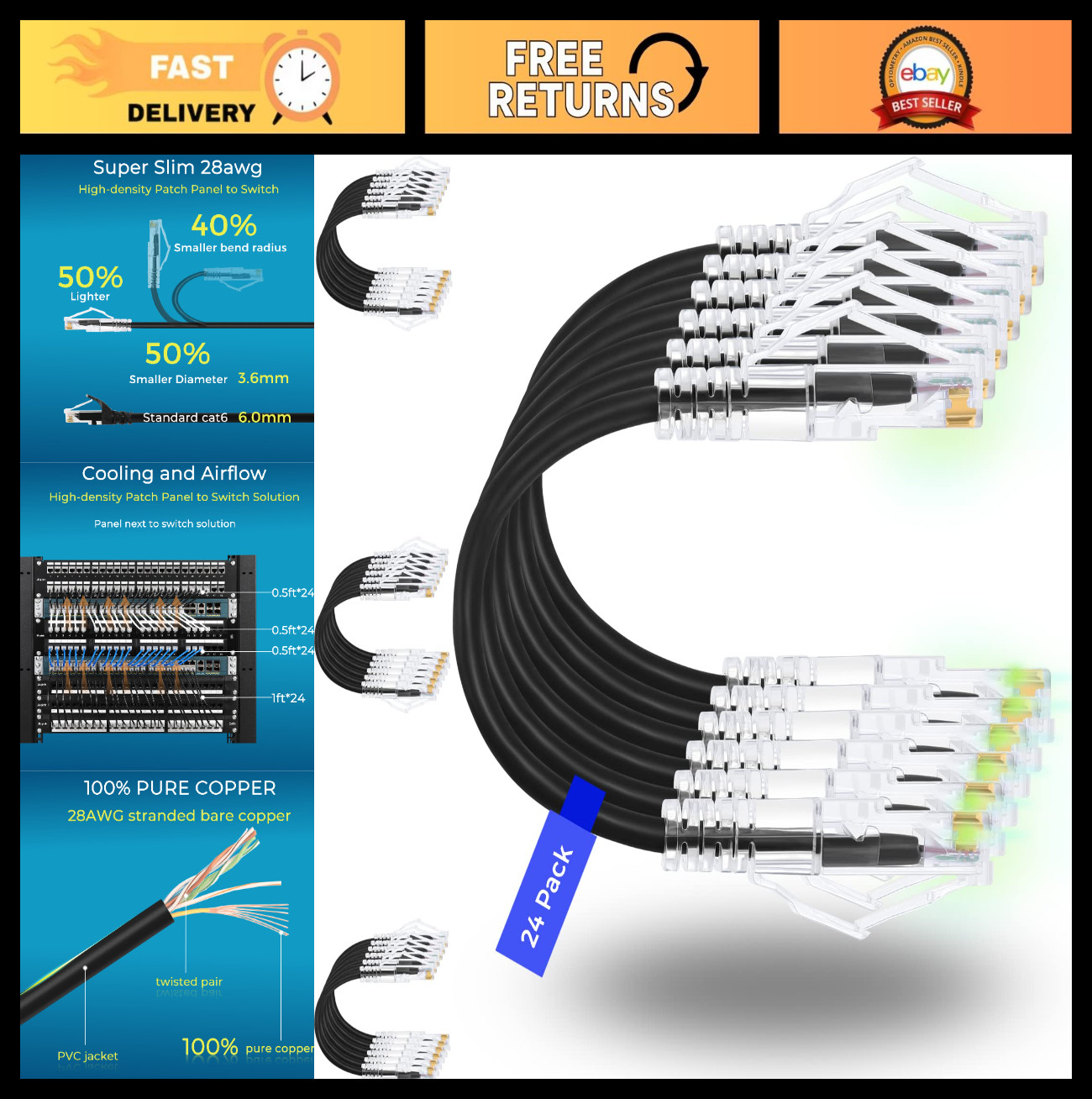 24 Pack 5ft Cat6/Cat6a Ethernet Patch Cables – Snagless, 10G Support, Slim Desig