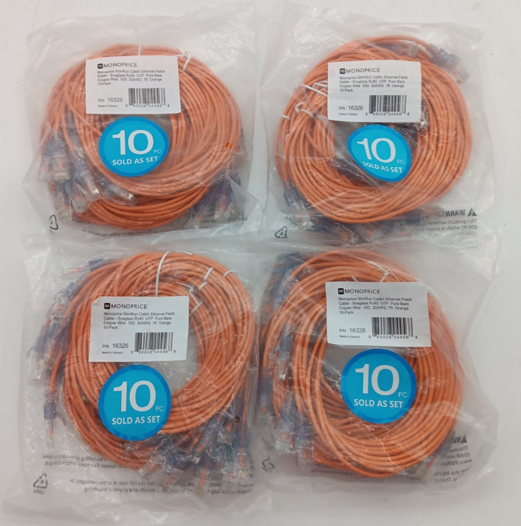 10 Pc. Monoprice 16326: SlimRun Cat6A Ethernet Patch Cable 7ft 30AWG 10G| BUNDLE