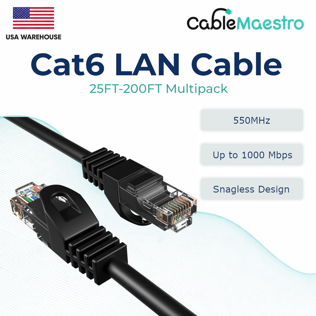 CAT6 Ethernet LAN Network RJ45 Patch Cable 25FT-200FT Multipack LOT, Black