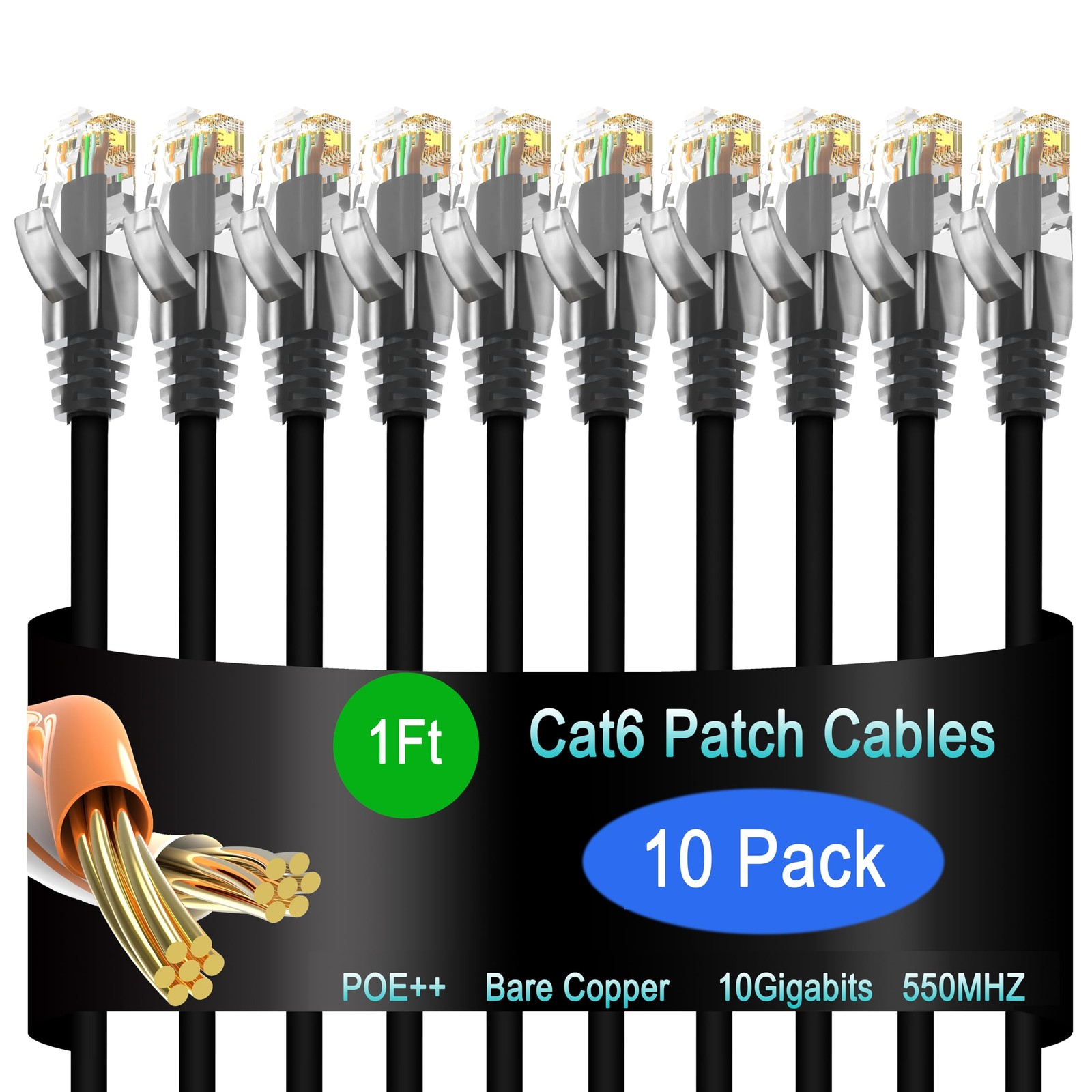 10 PCS Cat6 Ethernet Patch Cable 1 ft Network Patch Cord 10G Black Wire