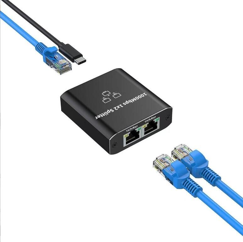 RJ45 Gigabit Ethernet Splitter 1000Mbps LAN Network Internet 1 to 2 Out Adapter