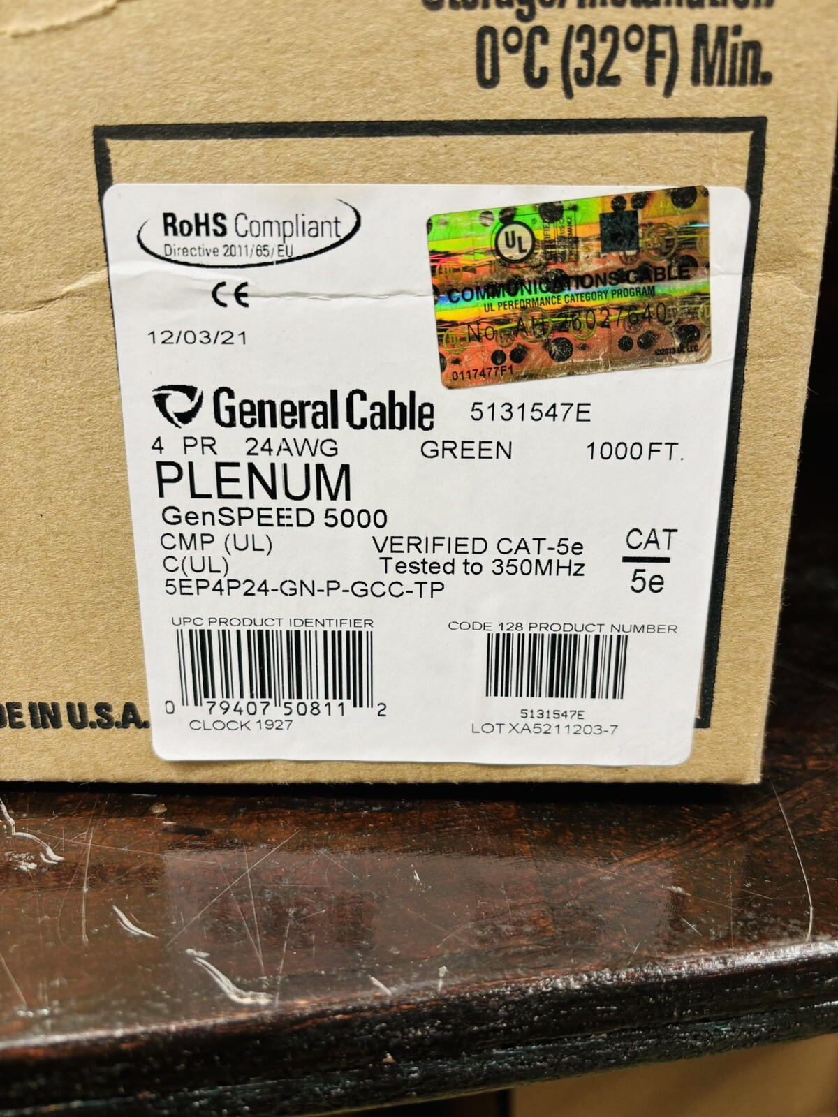 5131547E (General Cable) 1000 FTCAT 5E GenSpeed Green Plenum 4P/24AWG CMP 350Mhz