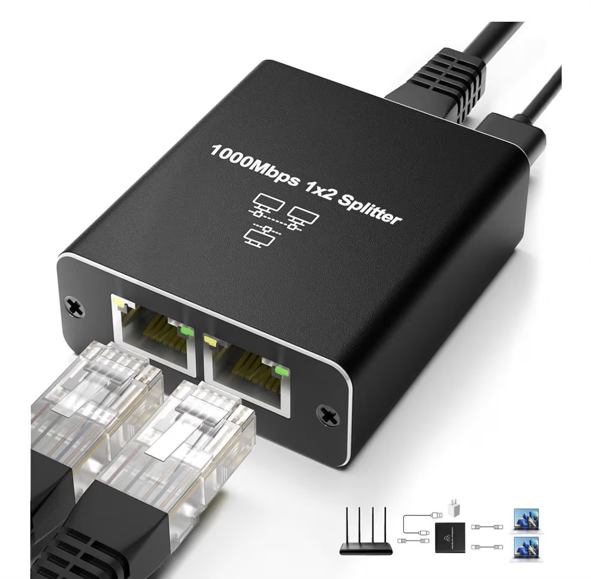 Ethernet Cable Splitter 1 To 2, With USB C Power Cable For Cat 5/5e/6/7/8