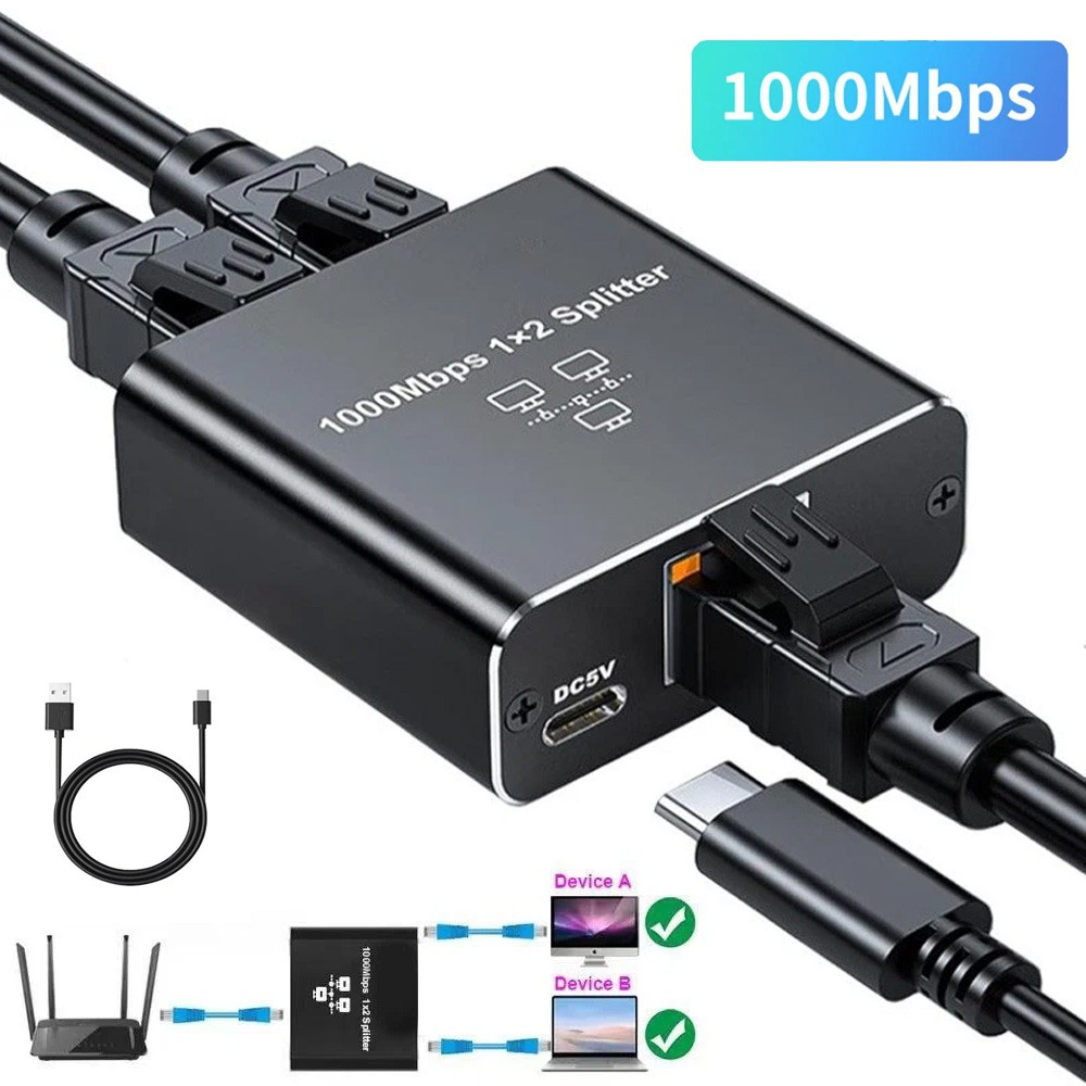 RJ45 Gigabit Ethernet Splitter 1000Mbps LAN Network Internet 1 to 2 Out Adapter