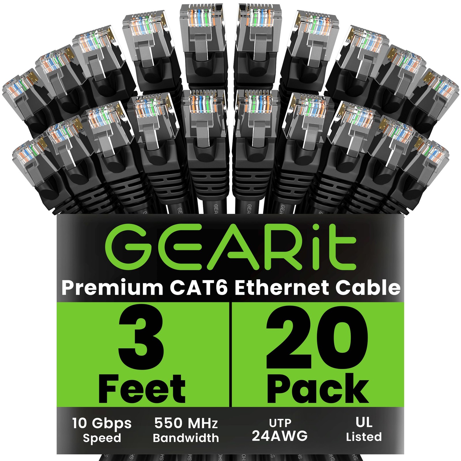 Cat 6 Snagless Patch Ethernet Cable 3 Feet 20 Pack – Black