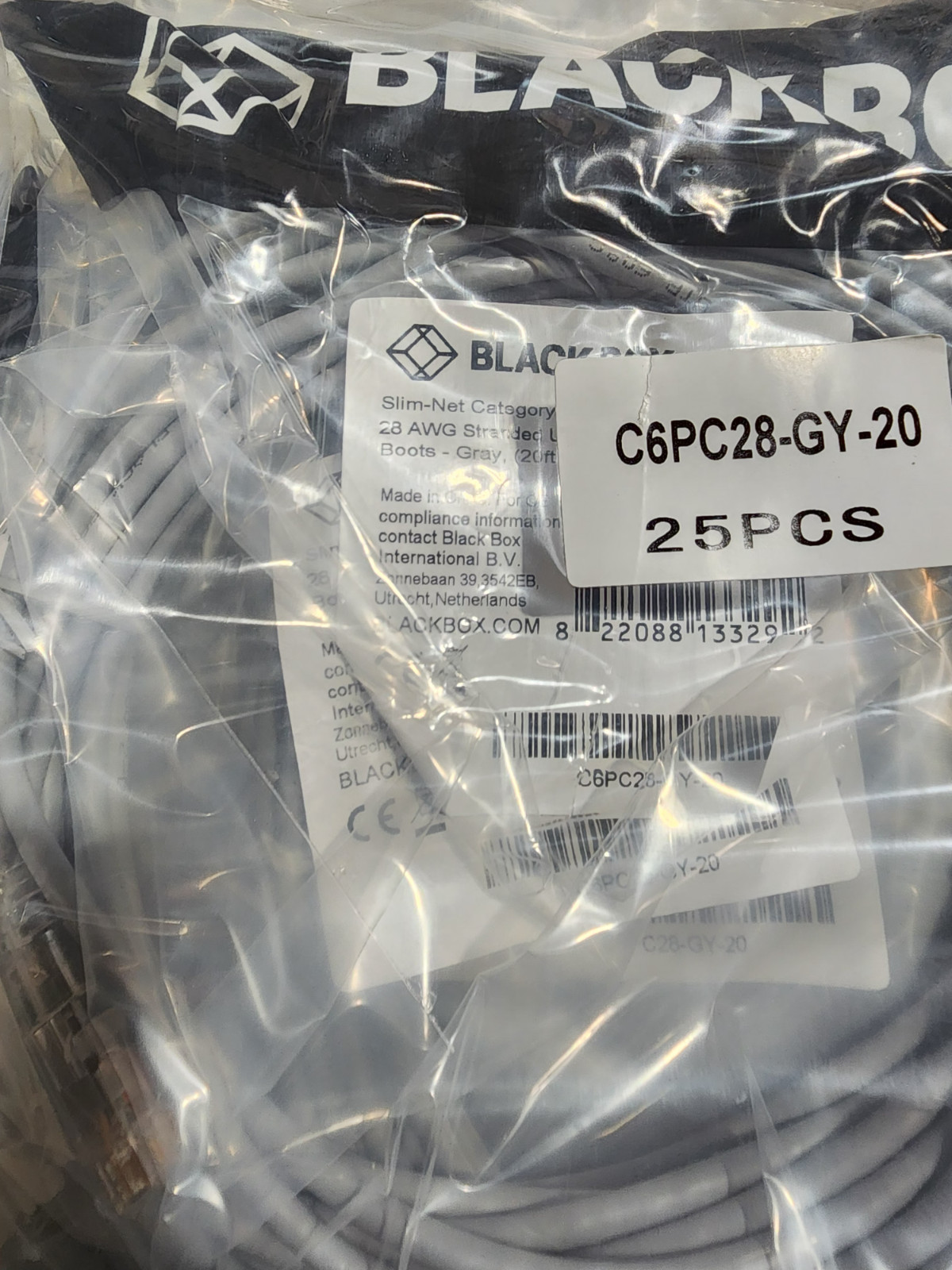 50 Pack 20ft Gray Black Box Slim-Net Cat 6A Patch Cable 28AWG UTP Snagless