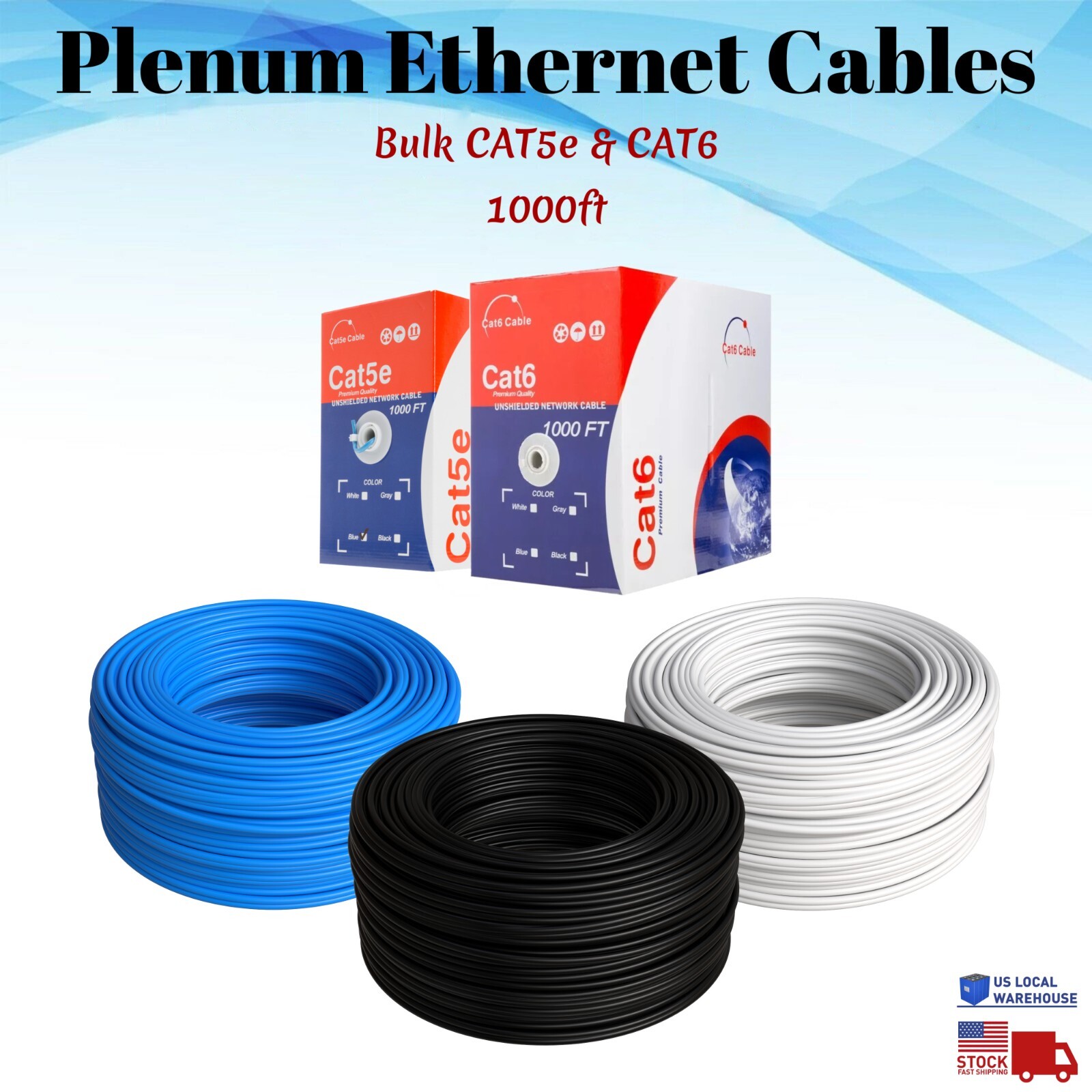 PLENUM 1000ft CAT5e CAT6 UTP CMP Bulk Ethernet Cable Solid Network Wire LAN CAT5