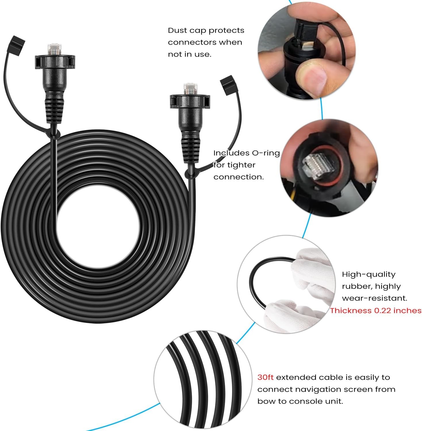 30 Ft Marine Network Cable – RJ45 Male to Male Ethernet Cable for Garmin GPSMAP