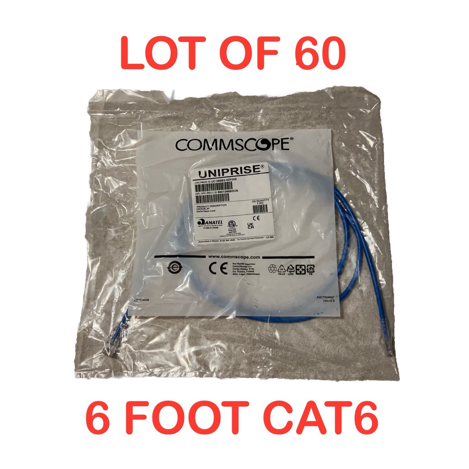 LOT OF x60 CommScope Uniprise UNC6 Cat6 Cat 6 Patch Cord Patch Cable 6FT Blue